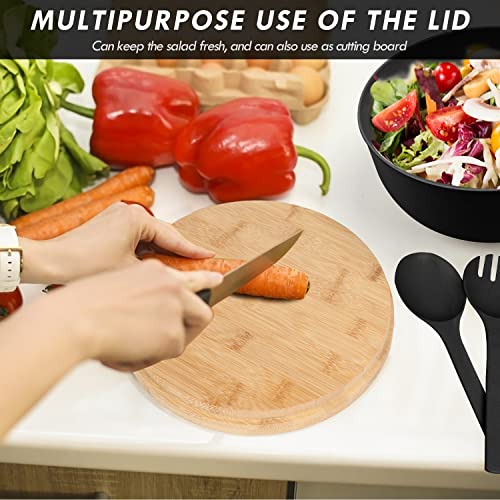 ShineMe Salad Bowls, Large Salad Bowl with Lid and Servers, Bamboo Salad Bowl Set with 4Pack Small Serving Bowls, 9.8inches Solid Kitchen Bowl for Fruits, Vegetables and Pasta...(Black) - color: black with utensils