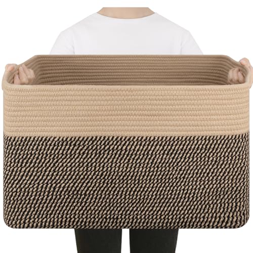75L Large Cotton Rope Basket, Soft Toy Storage Bin for Nursery & Living Room, Decorative Blanket Basket for Bedroom, Baby-Safe Organizer for Pillows &Laundry, 22''×17''×12'', Brown & Black - color: Brown & Black, size: 75L