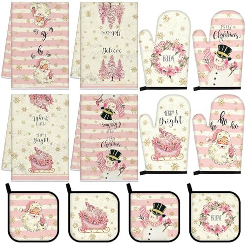 12 Pcs Christmas Pink Kitchen Towels and Oven Mitt Sets 4 Santa Claus Oven Mitts 4 Snowman Dish Towels and 4 Plaid Wreath Pot Holders Cooking Accessories for Winter Holiday Kitchen Decoration - style: Snowman