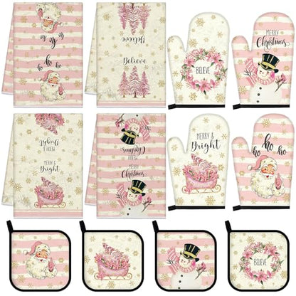 12 Pcs Christmas Pink Kitchen Towels and Oven Mitt Sets 4 Santa Claus Oven Mitts 4 Snowman Dish Towels and 4 Plaid Wreath Pot Holders Cooking Accessories for Winter Holiday Kitchen Decoration - style: Snowman