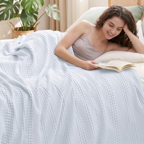 PHF Cooling Waffle Blanket Queen Size, Lightweight 60% Rayon from Bamboo & 40% Cotton Breathable Blanket for Hot Sleepers, Summer Use, Soft Luxury for Bed Couch Sofa, 90"x90", Ancient Water - color: Ancient Water, size: Queen(90 " X 90")