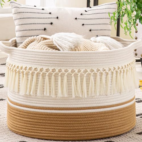 KAKAMAY Large Blanket Basket (20"x13"),Woven Baskets for storage Baby Laundry Hamper, Cotton Rope Blanket Basket for Living Room, Laundry, Nursery, Pillows, Baby Toy chest (White Fringe) | Extra Large Capacity | Natural Cotton Rope | Blanket Storage | Wov
