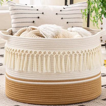 KAKAMAY Large Blanket Basket (20"x13"),Woven Baskets for storage Baby Laundry Hamper, Cotton Rope Blanket Basket for Living Room, Laundry, Nursery, Pillows, Baby Toy chest (White Fringe) | Extra Large Capacity | Natural Cotton Rope | Blanket Storage | Wov