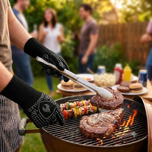 IGNISGUARD® BBQ Gloves, Heat Resistant Grill Gloves, 1 Pair, Black (L) | EN407:2020 tested with textured silicone grip, three-layer construction and long knit cuff for added wrist coverage. - color: Black, size: Large