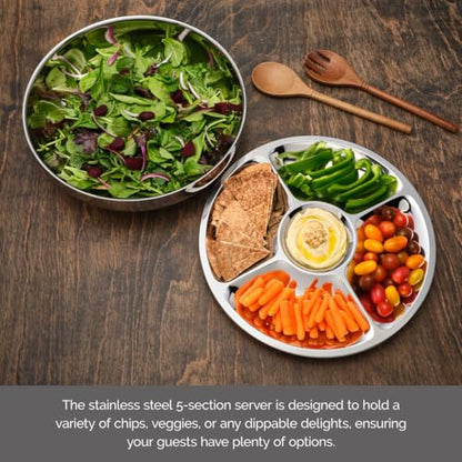 Mikasa Luxe 2-Piece Stainless Steel Chip and Dip Bowl Set, 14.25-Inch Serving Bowl with Coordinating Dip Bowl, Rust-Resistant, Dishwasher Safe, Elegant Entertaining Serveware