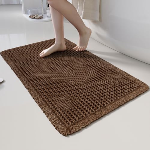 Non Slip Bath Mats for Bathroom Soft Absorbent Boho Bathroom Rugs with Tassels Waffle Bath Mat Machine Washable Dark Brown, 1'6" x 3' - color: Dark Brown, size: 1'6" x 3' (Rectangular)