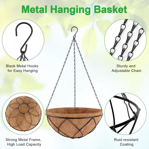 Hanging Baskets for Plants Outdoor, 4 Packs 12 Inch Metal Wire Hanging Planter with Coconut Liners, Flower Basket Pot for Outside Garden Patio Porch Balcony Fence