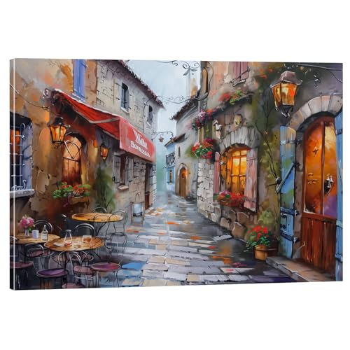 Framed Street View Wall Art European Coffee Shop Canvas Print, Paris City Scene Painting, Vintage Cafe Artwork for Kitchen Dining Room Living Room, Bedroom Home Decor, Multi Size (Street 01, 36L×24W) - color: Street 01, size: 36"L x 24"W