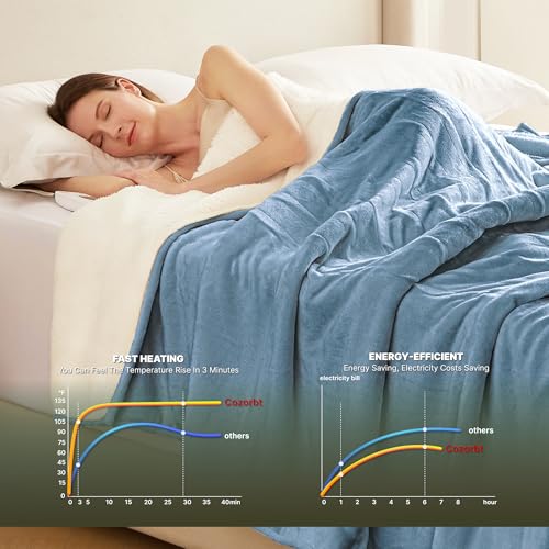 Heat Blanket 50”x60” Throw,Soft Flannel & Sherpa Reversible Electric Blanket with 10 Heat Settings,12 Timer Setting and 8 Hours Auto-Shut Off,ETL Certified Machine Washable,Light Blue - color: Light Blue, size: 50*60in