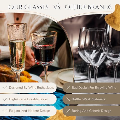 Bec's Designs Wine Glasses Set of 4, 10oz Handblown, Hammered, Gold Rim | Unique triangular wine glass design creates elegant stemware for serving red wine, white wine & champagne.