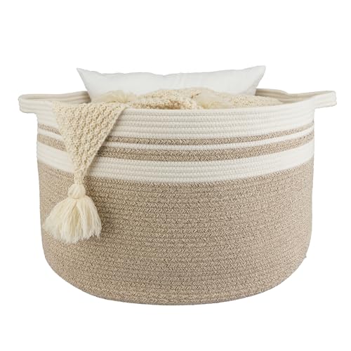 XUANGUO Extra Large Cotton Rope Round Storage Basket 22" x 14" | Woven basket for blankets, toys, towels, laundry, nursery, living room and pet toy storage. - color: white and brown
