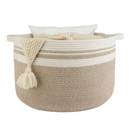 XUANGUO Extra Large Cotton Rope Round Storage Basket 22" x 14" | Woven basket for blankets, toys, towels, laundry, nursery, living room and pet toy storage. - color: white and brown