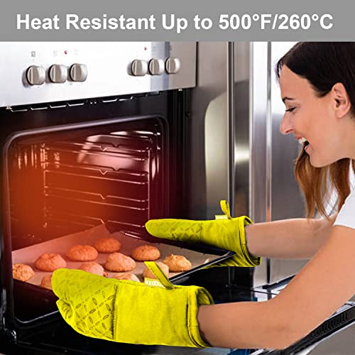 KEGOUU Oven Mitts and Pot Holders 6pcs Set, Kitchen Oven Glove High Heat Resistant 500 Degree Extra Long Oven Mitts and Potholder with Non-Slip Silicone Surface for Cooking (Yellow) - color: Yellow