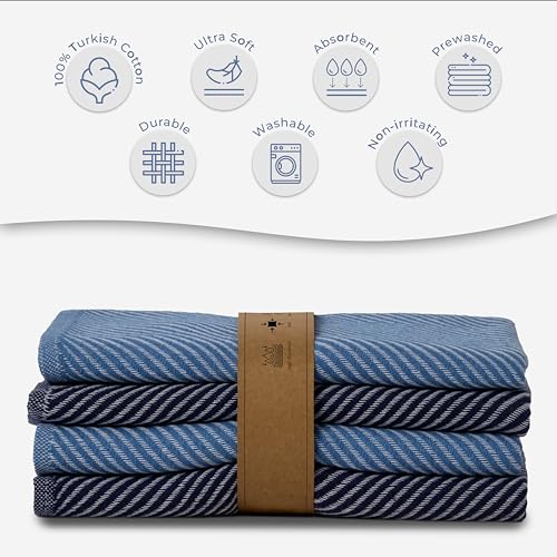 Ossano Extra Soft Kitchen Hand Towels - 4 Pack, (20" x 30") - Large & Cozy - Versatile as, Turkish Dish Towels, Large Kitchen Towels, Dish Towel for Drying, Bathroom Hand Towels, Denim and Dark Blue - color: Denim and Dark Blue