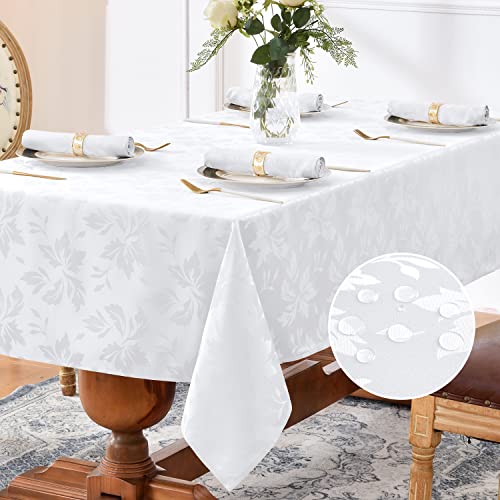 Romanstile Jacquard Rectangle Tablecloth - Waterproof Damask Floral Pattern Decorative Table Cloths Heavy Weight Fabric Table Covers for Dinner/Parties/Outdoor - 60 x 120 Inch, White - color: Flower - White, size: 60" x 120" (Rectangular)