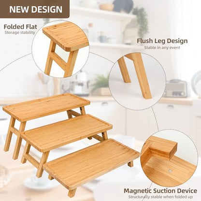 GEHE Natural Bamboo Cupcake Stand, Foldable 3 Tier Cupcake Display Stand Tower, Dessert Table Serving Tray for Birthday/Wedding/Christmas/Party, Charcuterie Boards - color: Bamboo Color