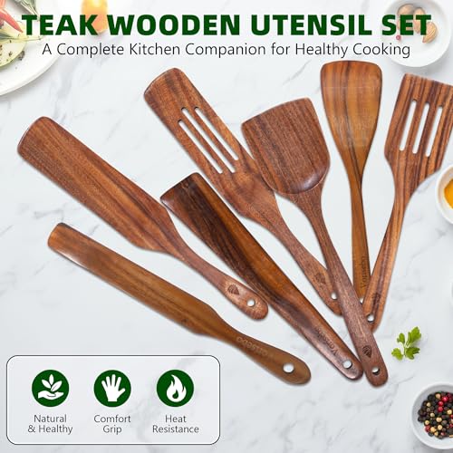 7 Pcs Teak Wooden Utensil Set, Wooden Spoons for Cooking | Non-Toxic & Nonstick Safe Kitchen Utensil, Durable Comfort Grip， Heat Resistant Wood Spatula Set - size: 7 Pieces Set