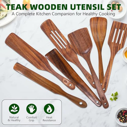 7 Pcs Teak Wooden Utensil Set, Wooden Spoons for Cooking | Non-Toxic & Nonstick Safe Kitchen Utensil, Durable Comfort Grip， Heat Resistant Wood Spatula Set - size: 7 Pieces Set