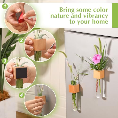 Wooden Wall Planter Glass Plant Propagation Stations Fridge Glass Tube Single Stem Bud Vase 2Pcs/Set Modern Decorative Cube Wood Window Flower Vase Refrigerator Magnetic Mini Glass Vase with Dropper