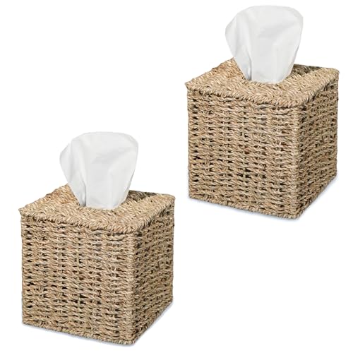 Set of 2 Seagrass Handwoven Wicker Tissue Box Cover, Natural Handmade Napkin Box Holder, Handcrafted Square Facial Tissue Holder for Bathroom, Rustic Decorative on Table and Bathroom,Boho Decorative - color: Seagrass, size: Set of 2