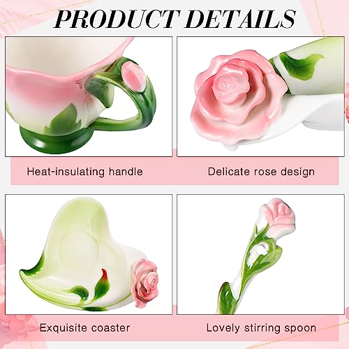 Dandat Ceramic Rose Tea Cups and Saucers with Spoon Rose Flower Shaped Cup and Sauce Set Cute 6oz Tea Cups Flower Mug Mother's Day Grauation Birthday Appreciation Teacher Gifts for Home Office Kitchen