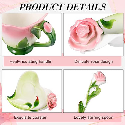 Dandat Ceramic Rose Tea Cups and Saucers with Spoon Rose Flower Shaped Cup and Sauce Set Cute 6oz Tea Cups Flower Mug Mother's Day Grauation Birthday Appreciation Teacher Gifts for Home Office Kitchen