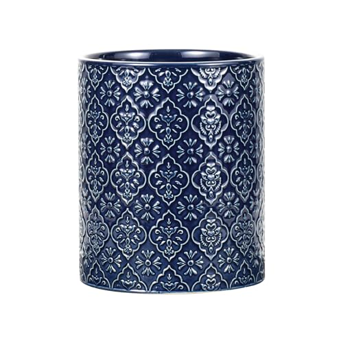 Kitchen Utensil Holder, 6x7 inch Large Ceramic Utensil Holder with Embossed Pattern, Cooking Utensil Crocks for Kitchen Countertop, Home Decor, Blue - color: Blue