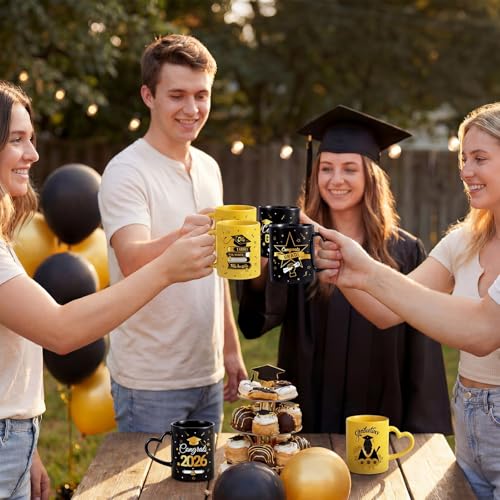 Pickmesh Graduation Coffee Mug Set of 6, 10 oz Ceramic Enamel Cups with Heart Handle, Black Gold Congrats Designs Class of 2026 Drinkware for Grad Gifts & Graduation Party Supplies - color: Black/Gold, style: Graduation