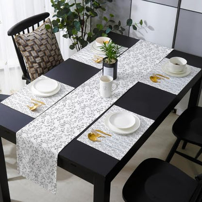 Table Runner and Placemats Set of 6 Flower Decorative Dining Table Runner with Matching Placemats Floral Tree Branch Gray Table Decor for Kitchen Dining Room and Everyday Use 13x90in - size: 13"x90"+6pcs