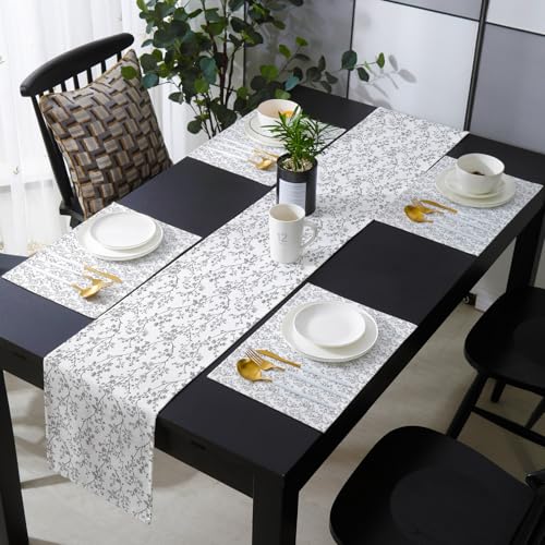 Table Runner and Placemats Set of 4 Flower Decorative Dining Table Runner with Matching Placemats Floral Tree Branch Gray Table Decor for Kitchen Dining Room and Everyday Use 13x70in - size: 13"x70"+4pcs