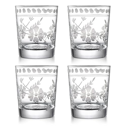 Joeyan Hand Blown Etched Drinking Glasses,Clear Water Glass Cups with Floral Pattern,Aesthetic Tumblers Glassware Set for Beverages Juice Cocktail Whiskey,9 oz,Set of 4,Dishwasher Safe - color: Drinking Glasses