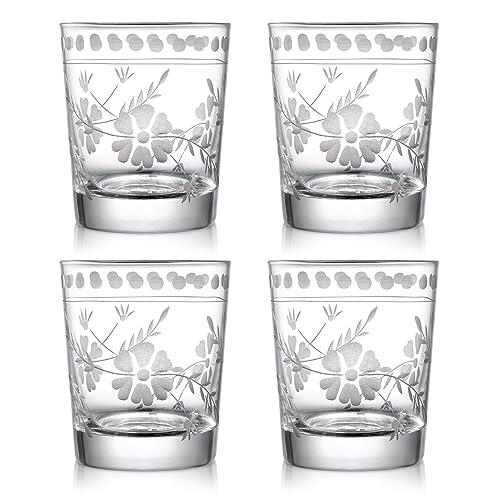 Joeyan Hand Blown Etched Drinking Glasses,Clear Water Glass Cups with Floral Pattern,Aesthetic Tumblers Glassware Set for Beverages Juice Cocktail Whiskey,9 oz,Set of 4,Dishwasher Safe - color: Drinking Glasses