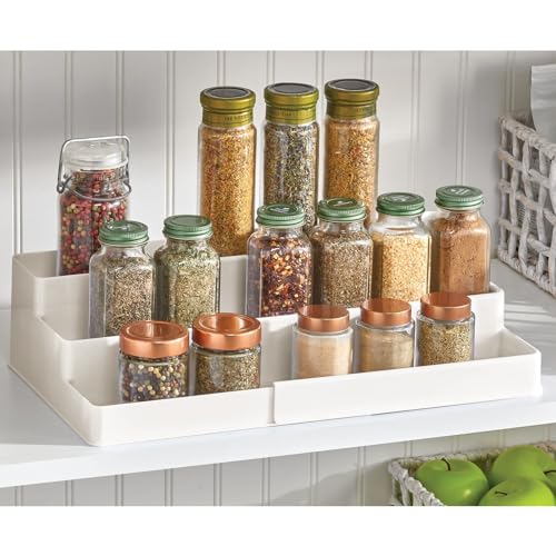 mDesign Plastic Expandable 3-Tier Shelf Rack Organizer - Storage for Bathroom Vanity, Cabinet, Cupboard, Drawer - Holds Medicine, Vitamins, Supplements, Cosmetics - Ligne Collection - Cream/Beige - color: Cream