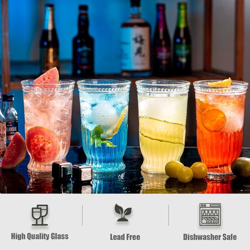 Vintage Drinking Glasses, 8 pcs Embossed Designed Highball Glasses, 16oz Glass Cups, Tall Water Glass Tumbler, Mojito Cup, Cocktail Glass, Vintage Glassware Set for Juice, Cocktail, Whiskey