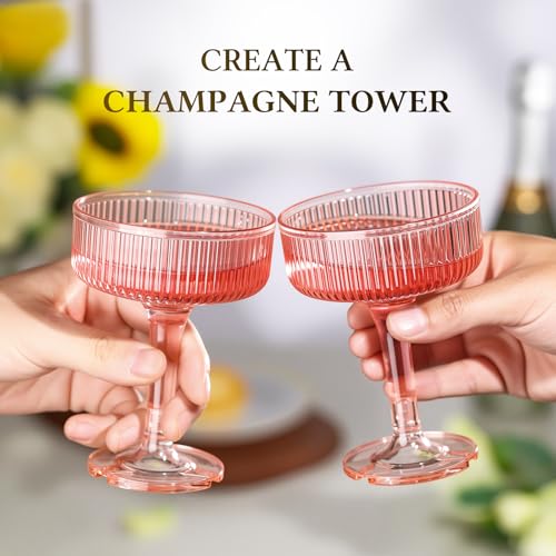 Goodluck 4-Tier Champagne Glasses - 20 PCS 7oz Pink Plastic Champagne Flute | Plastic Coupe Glasses with Vertical Stripes for Weddings, Celebrations, Parties & Birthdays - color: Pink