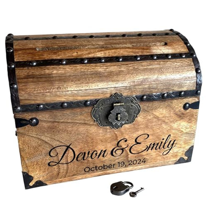 Personalized Treasure Chest with Card Slot, Antique Lock & Skeleton Keys (Medium 11x8x8) – Pirate Decor, Wooden Keepsake Box, Decorative Wooden Box for Weddings & Anniversaries - size: Medium 11x8x8