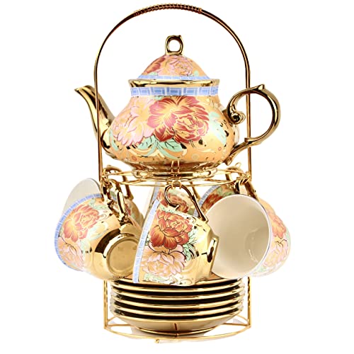 20 Pieces Porcelain Tea Set With Metal Holder, European Ceramic tea set for adults,Flower Tea Set,Tea Set For Women With Flower Painting (Large version, Deep yellow) - color: Deep yellow