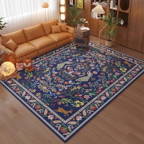 Rugcomf Living Room Rug 5x7 Rug Machine Washable Area Rug Floral Non-Slip Low Pile Large Rugs for Living Room, Bedroom, Farmhouse, Dining Room, Kids Playroom(Blue) - color: Blue, size: 5' x 7' (Rectangular)