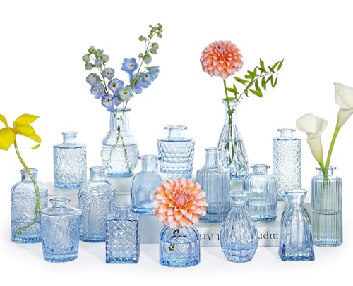 SUPMIND 16P Blue Glass Bud Vases, Small Flower Vases for Table Centerpieces | Cute Mini Vintage Vases in Bulk for Wedding Decoration, Baby Shower, Home Decor, Table Centerpieces - color: Blue
