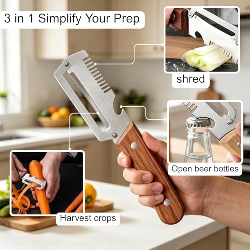 2Pack MultiFunctional Vegetable Peeler,3 in 1 Multi Functional Wooden Handle Peeler and Bottle Opener, Kitchen Gadgets Tool for Fruit Pumpkin Peeling Potato Carrot Veggie Peeler
