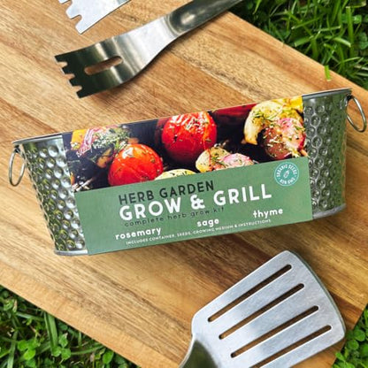 Buzzy Seeds Grow & Grill Organic Herb Kit - Metal Windowsill Planter - Complete Indoor/Outdoor Gardening Kit with Seeds, Coconut Husk Growing Medium & Genuine Pots - 100% Grow Guarantee - color: Silver