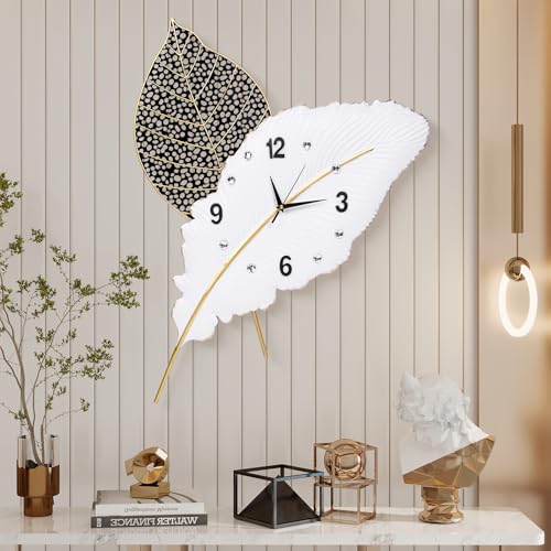 18x27 inch Large Modern Feather Leaf Shape Wall Clock | White Unique Silent Decorative Art Clock for Living Room Bedroom Office Kitchen Decor - color: A-black White-18x27inch