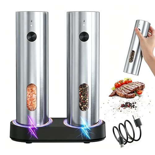 Electric Salt and Pepper Grinder Set, Rechargeable Stainless Steel with USB-C Dual Charging Base, Upgraded Large Capacity, Adjustable Coarseness & Bright LED Light, Kitchen Essentials