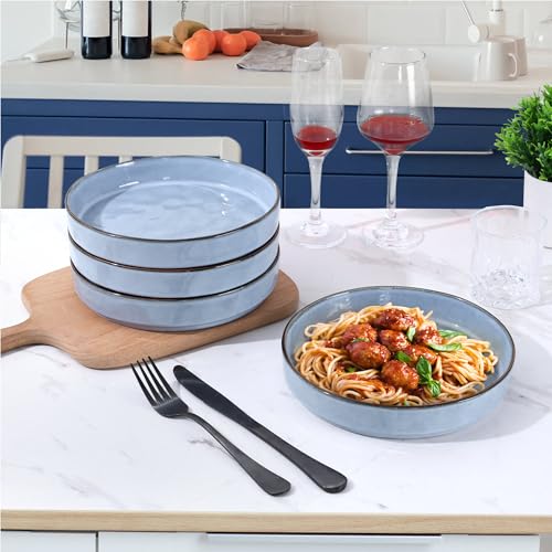 LIANYU Pasta Bowls Set of 4, 8.25’’ Wide Shallow Salad Serving Plate | Stoneware Ceramic Dinner Bowl Plates for Home Kitchen, Microwave & Dishwasher Safe, Serenity Blue - color: Serenity Blue