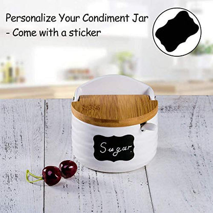 Ceramic Sugar Bowl with Bamboo Lids and Spoons Serving Tray, Porcelain Sugar Container for Sugar Tea Coffee Spice,Salt Condiment with Chalkboard Labels for Home Kitchen ,9.1 fl oz 270 ML,3PCS - color: C-001-3