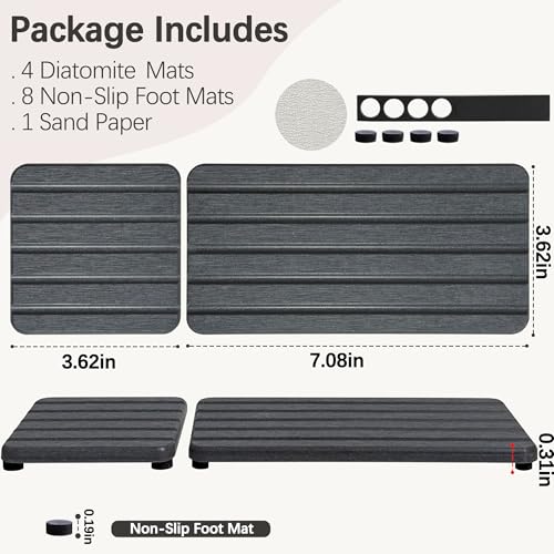 Set of 4 Bathroom Vanity Tray, Quick-Dry Diatomite Kitchen Tray with Non-Slip Pads | Water Absorbing Stone Used for Soap, Sponges, Cosmetics | Eco-Friendly Bath Sink Organizer - color: Drak Gray
