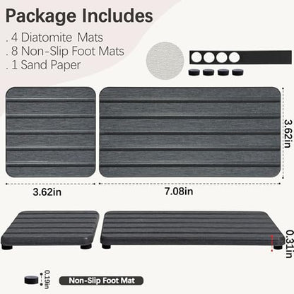 Set of 4 Bathroom Vanity Tray, Quick-Dry Diatomite Kitchen Tray with Non-Slip Pads | Water Absorbing Stone Used for Soap, Sponges, Cosmetics | Eco-Friendly Bath Sink Organizer - color: Drak Gray