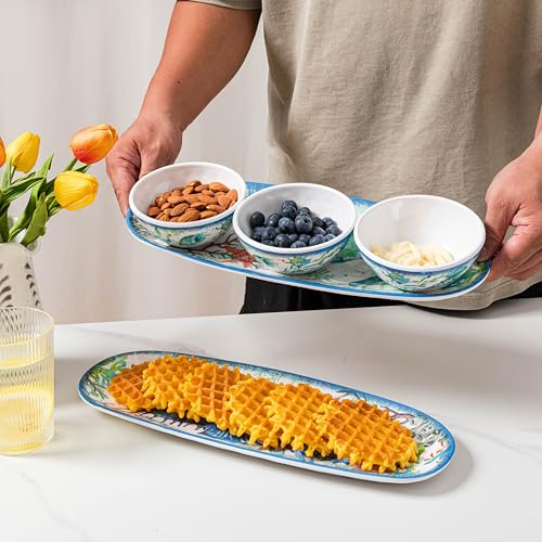 LEHAHA Coastal Chip and Dip Serving platter Set, Set of 3, Melamine Bowl and Tray Gift Set,Serving Dishes for Entertaining, Small Serving Bowls for Side Dishes, Salsa, Appetizers, Condiments. - color: Coastal