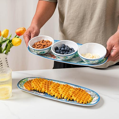 LEHAHA Coastal Chip and Dip Serving platter Set, Set of 3, Melamine Bowl and Tray Gift Set,Serving Dishes for Entertaining, Small Serving Bowls for Side Dishes, Salsa, Appetizers, Condiments. - color: Coastal