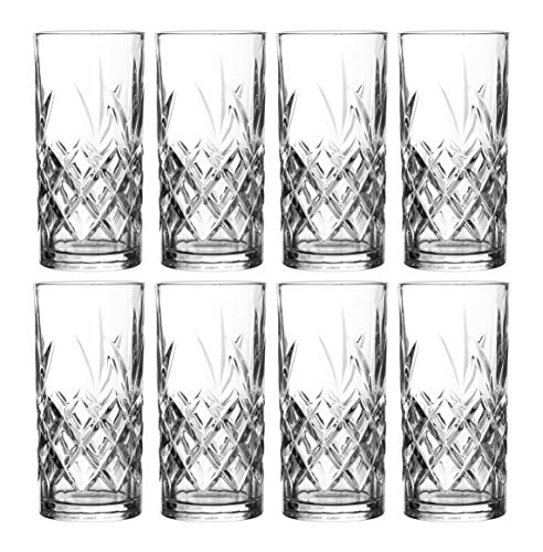 Royalty Art Kinsley Tall Highball Glasses, Set of 8, 12 oz Cups | Textured designer glassware, water, beer, soda, trendy elegant dishware, dishwasher safe - style: Hiball